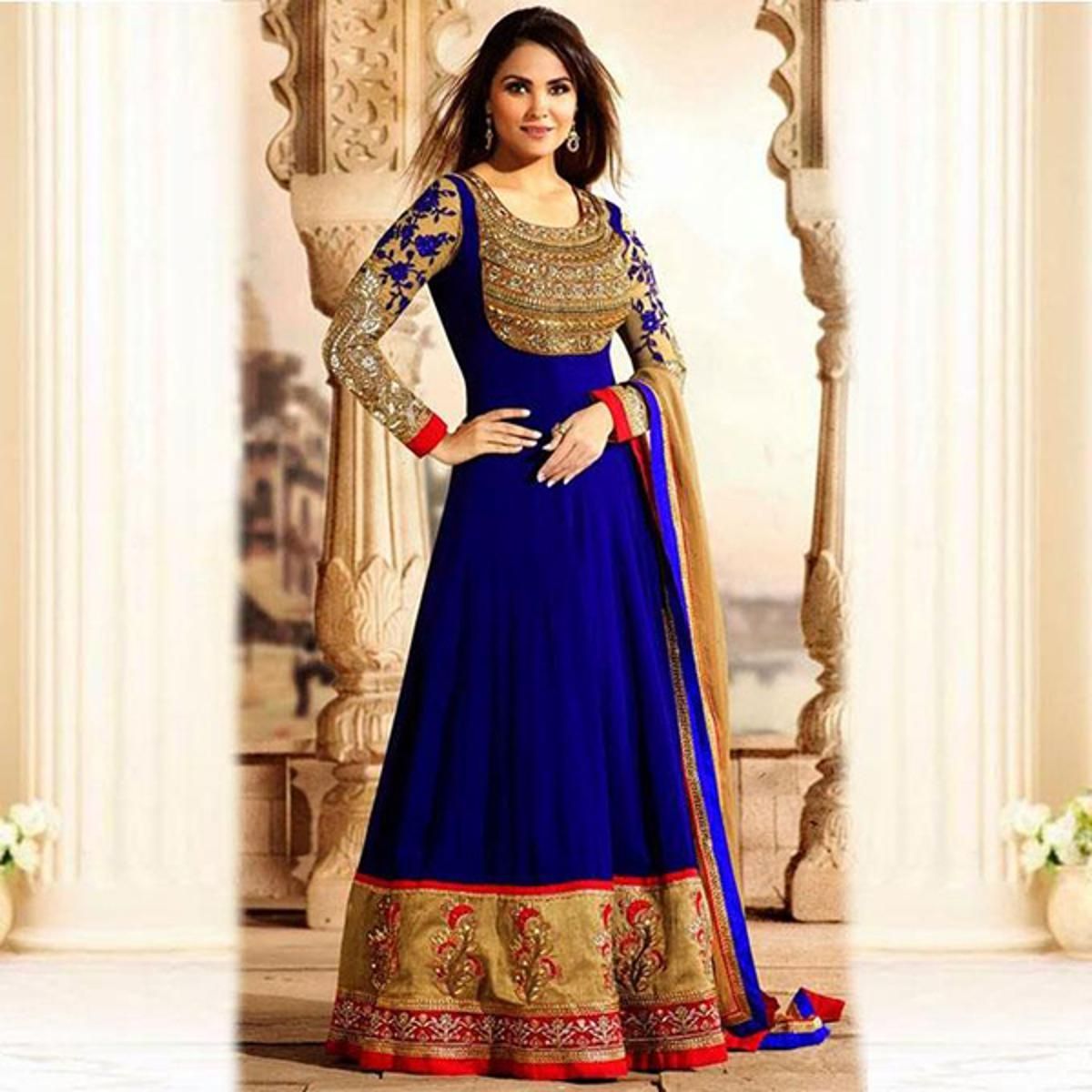 Blue Georgette Embroidery Work Gown For Women