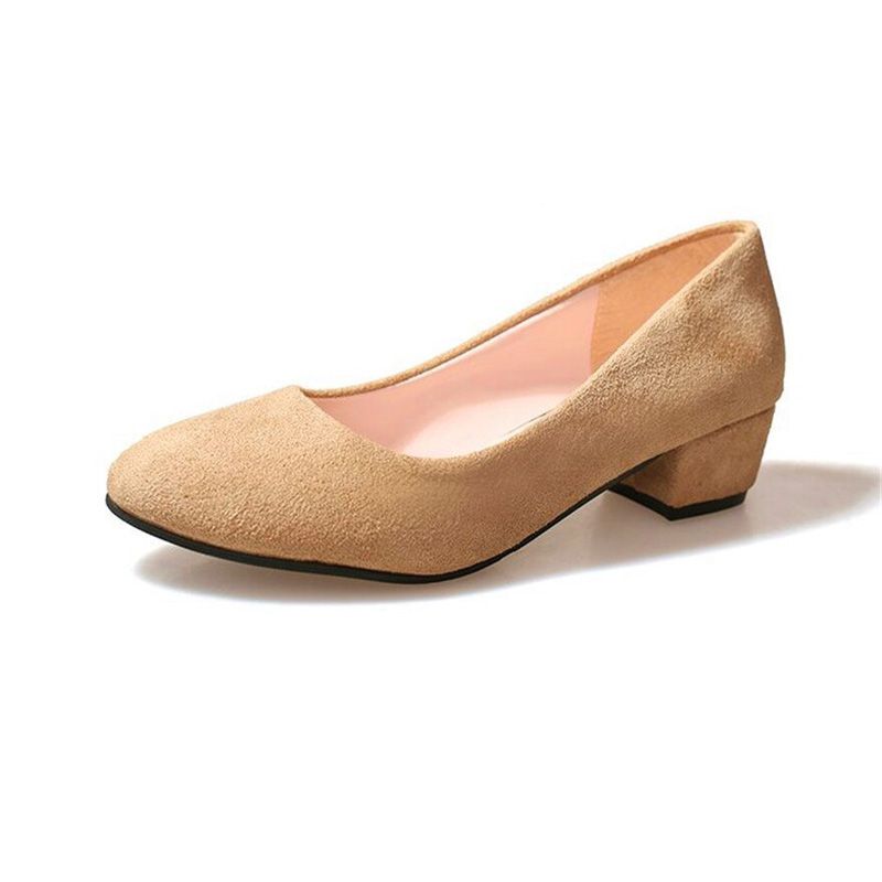 Round Toe Thick Heel Women Shoes Flock Shallow Slip on Work Shoes Female Pumps Comfort Med Heels Ladies OL Office Shoes 5 Colors