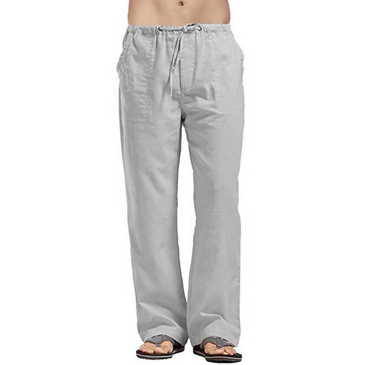 Summer Solid Casual Pants Men Linen Breathable Comfortable Multi-pocket Straight Drawstring Loose Trousers Large Size