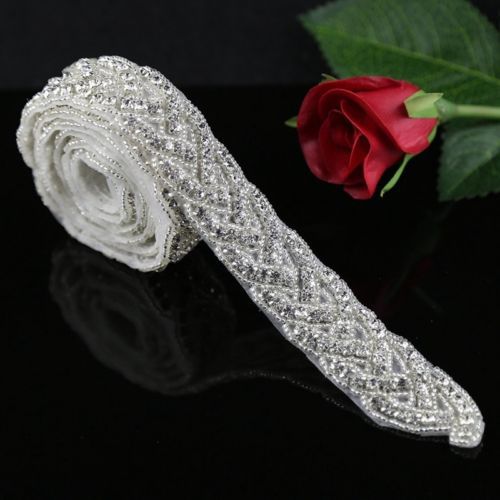 1Yard Bridal Crystal Rhinestone Applique,Pearl Beaded Trim,DIY Wedding Sash Belt Applique