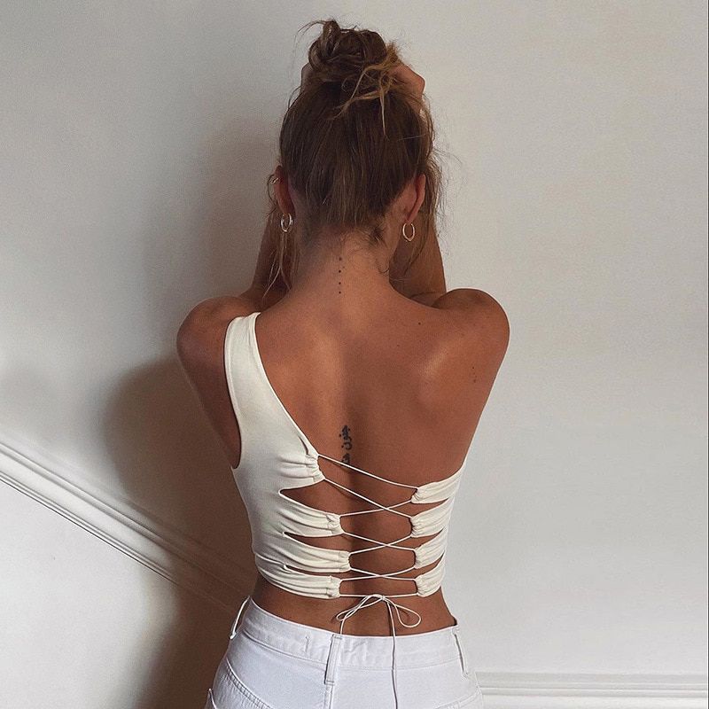 NEW Women's Crop Tanks Top Casual Sleeveless One Shoulder Solid Color Hollow Out Lace Up Camisole Vest Summer