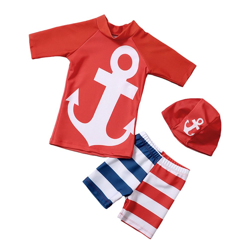 3 Pcs/set Children Split Swimsuit Sunscreen Quick-drying Short-sleeve Top + Swimming Trunks + Swimming Cap For 2-10 Years Old Kids