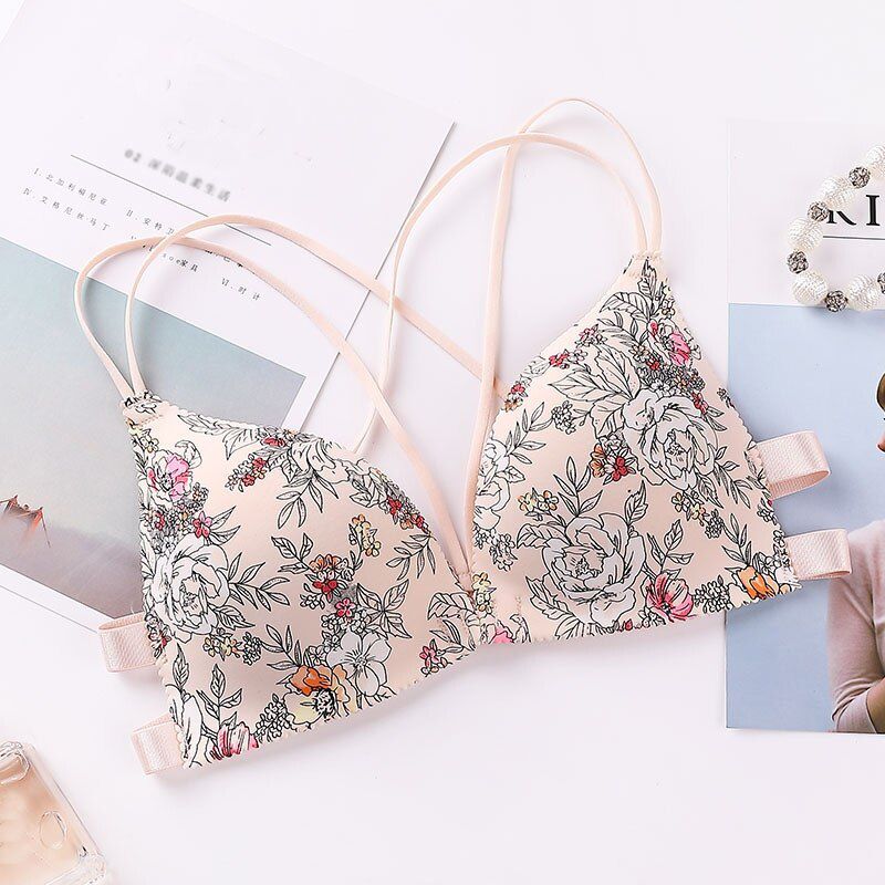Women Seamless Flower Printed Bras Front Buckle Wireless Bralette  Lingerie Comfort Push Up Floral Bras