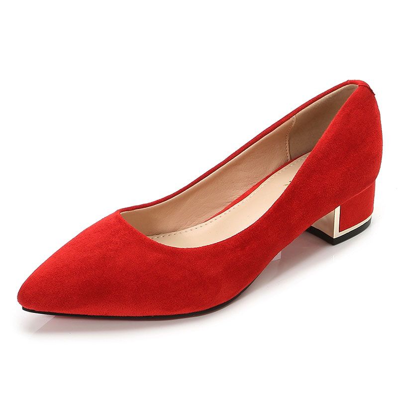 New Women Simple Girls Heel Red Black Pumps Ladies Flock Pointed Toe Med Square High Heels Casual Work Office Female Shoes E0001