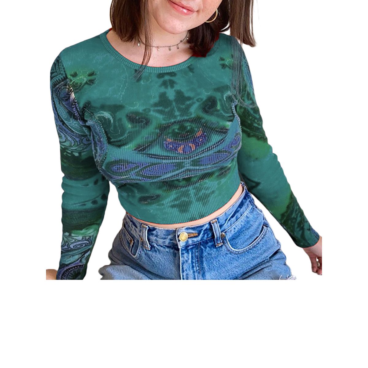 Women  Crop Tops, Adults Printed Long Sleeve Round Neck Pullover (Blue, Yellow, Brown, Red)