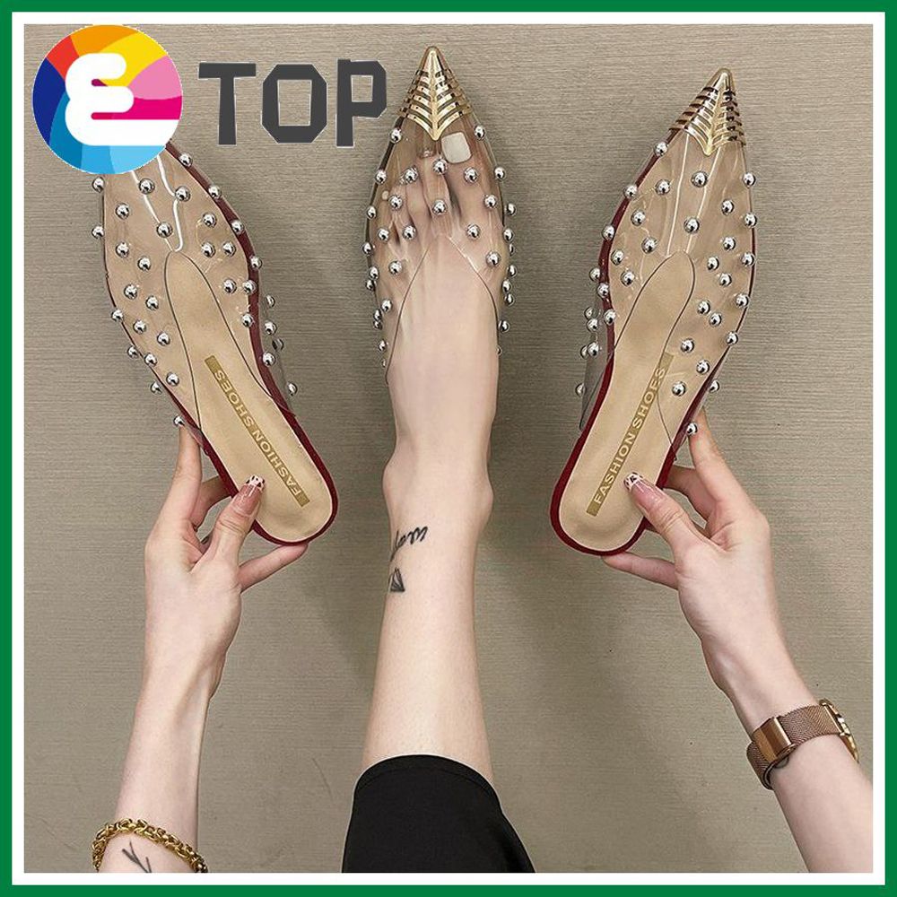Women Fashion Pointy Closed Flat Half Slippers Rivet Transparent Outdoor Popular Sandals