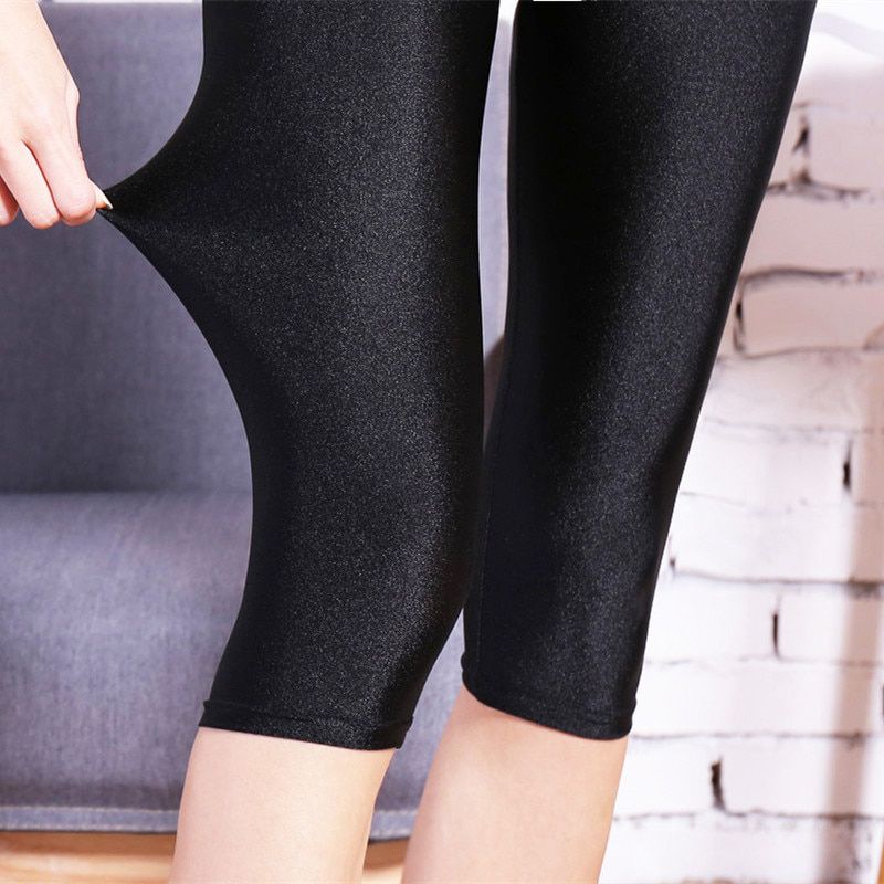 lady summer short pants women solid black shine breathable above knee short capris korean skinny neon pant
