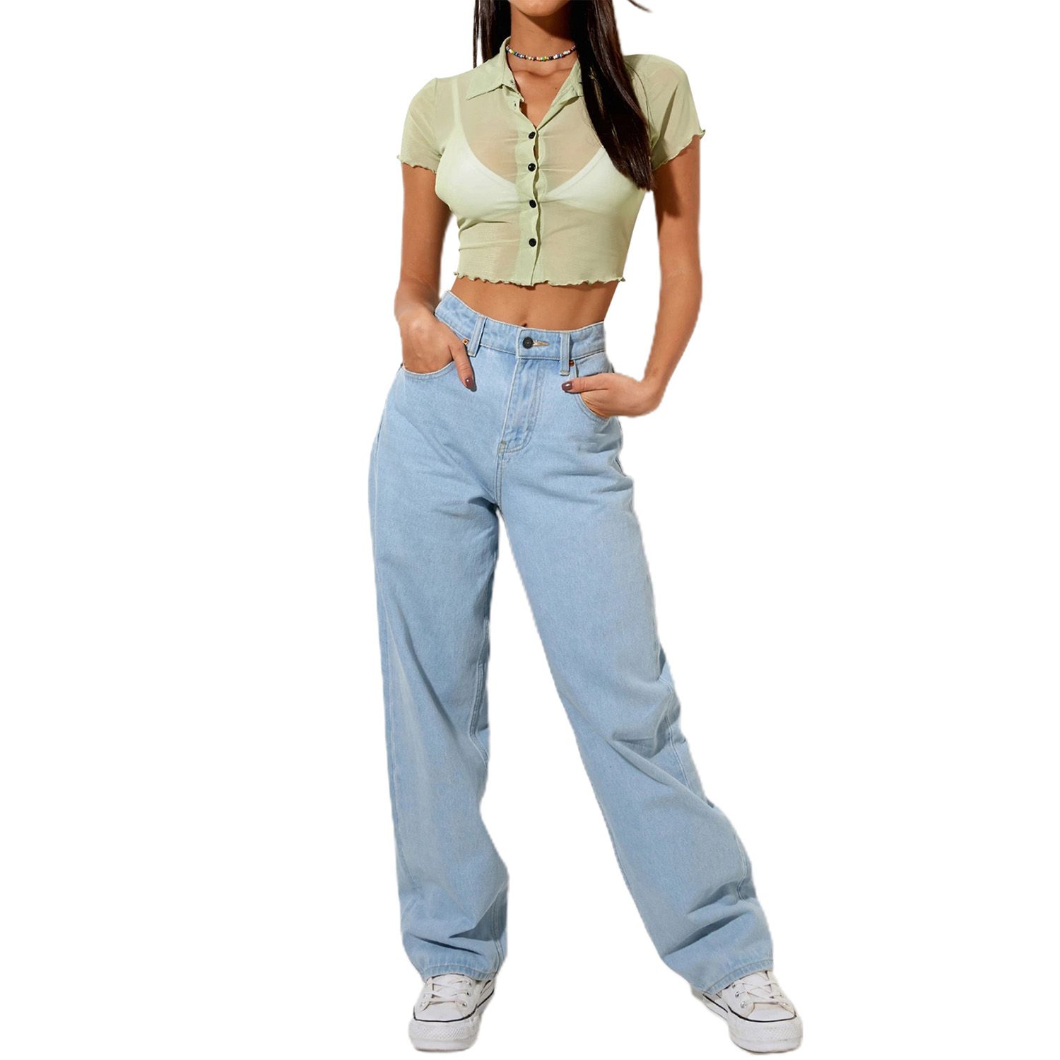 Women's Button Down Lapel Shirts,  Short Sleeve Solid Color Sheer Mesh Crop Tops