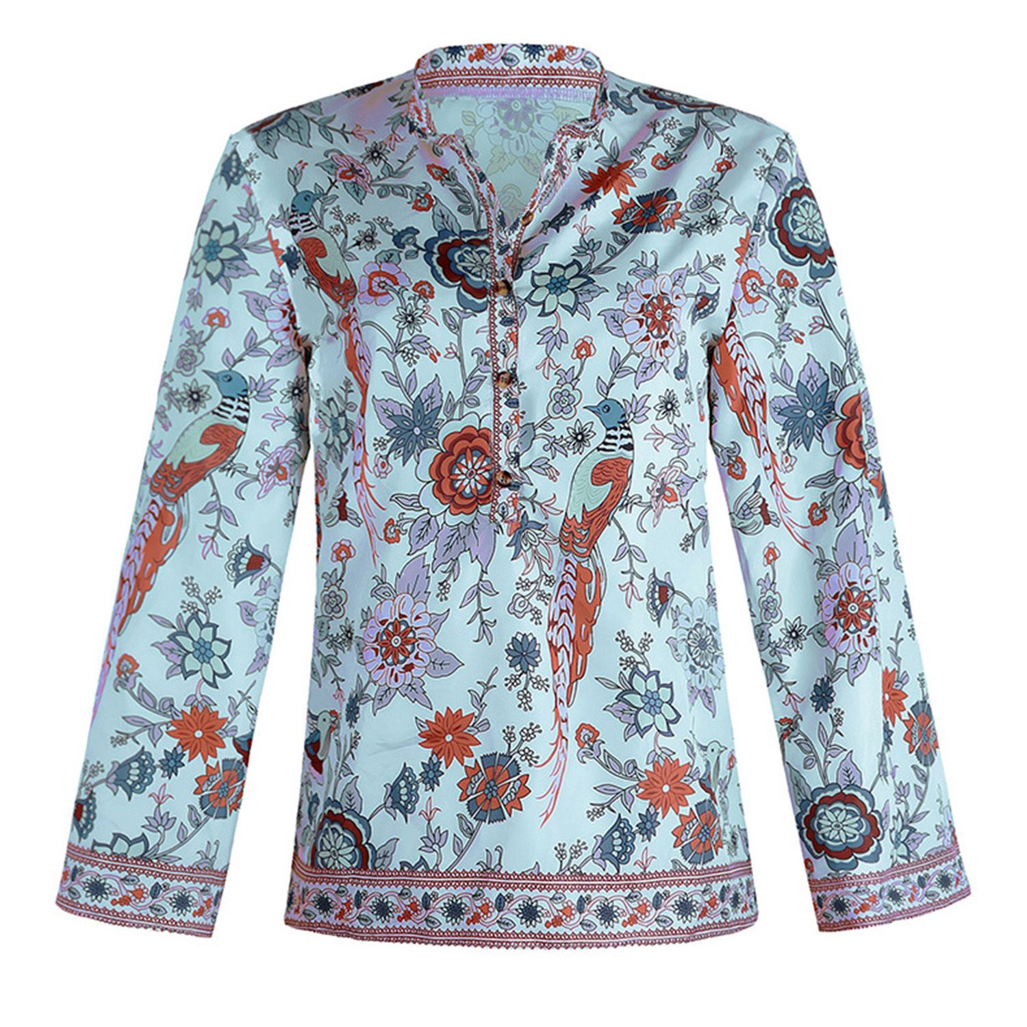 Women Top Classic Design V-neck Retro Pattern Shirt Blouse
