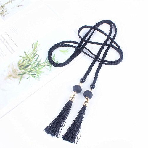 ladies fashion black weaving braided belts for women korean knittting tasstel rope strap decoration skirt dress with