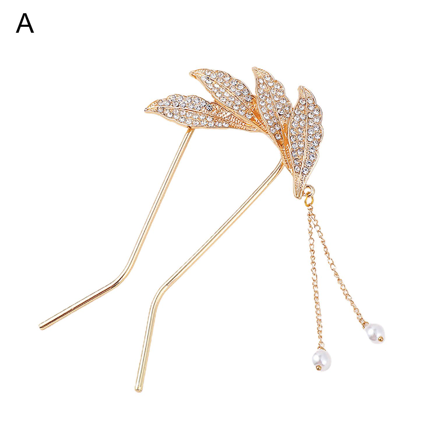 Hair Fork U-shaped Women Elegant Leaf Rhinestone Hair Stick