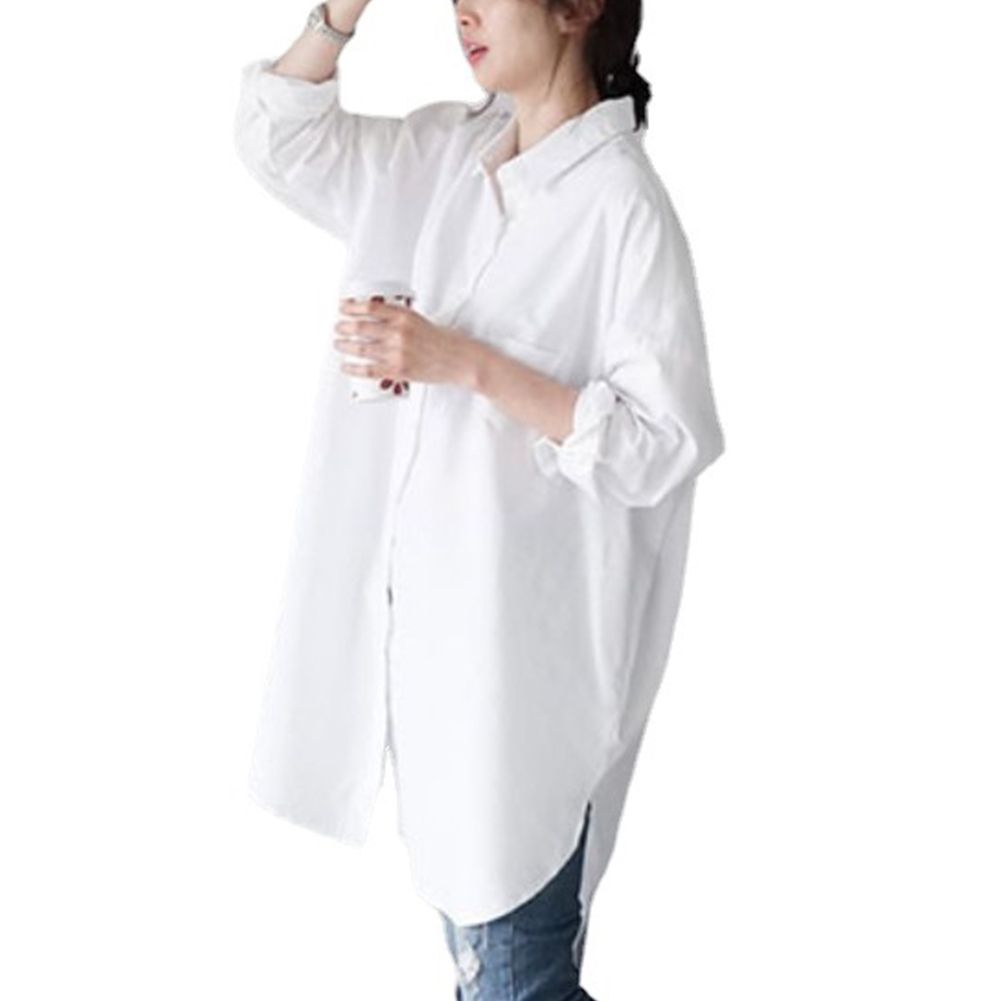 Yfashion Women Loose d-length Striped Long-sleeved  Shirt Cotton Single-breasted Lapel Collar Oversized Split Hem ops Shirt  color:White size:M