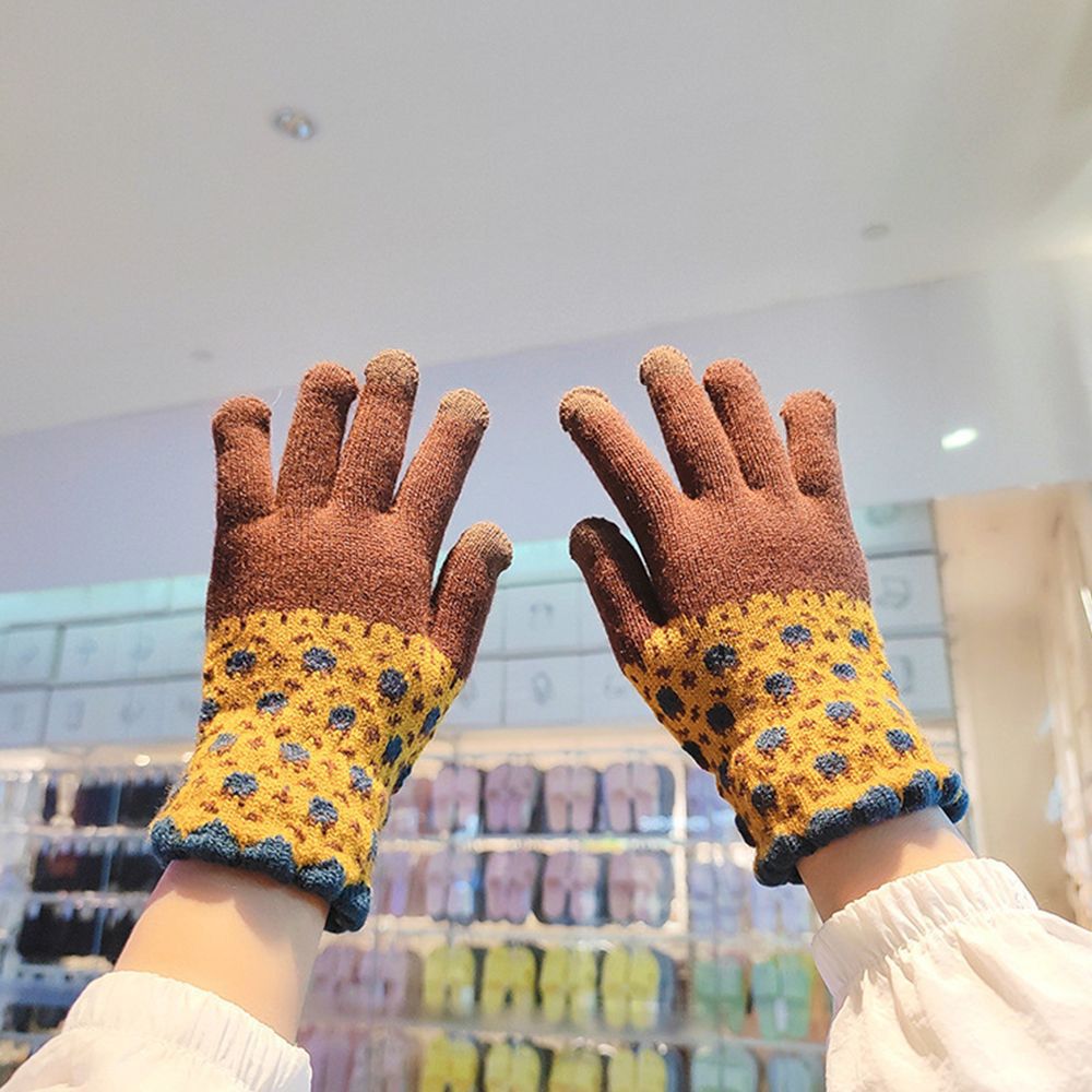 Yellow Green Floral Winter Knitted Gloves Thickened Warm Gloves Touch Screen Gloves Full Finger Outdoor Skiing Cycling Gloves