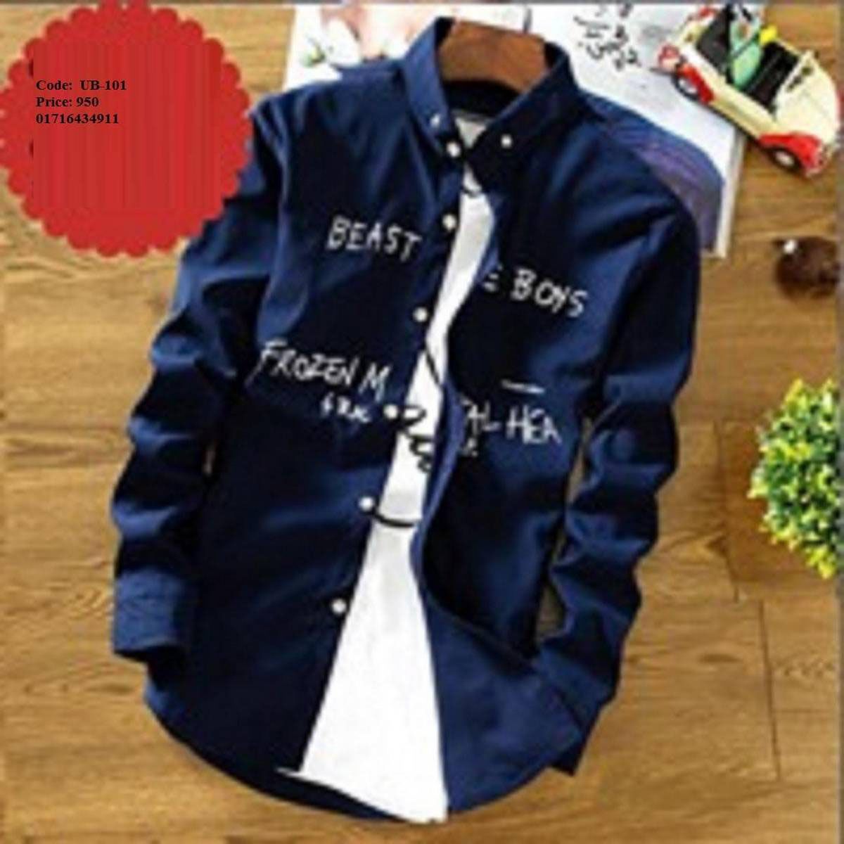 Navy Blue Cotton Long Sleeve Shirt for Men