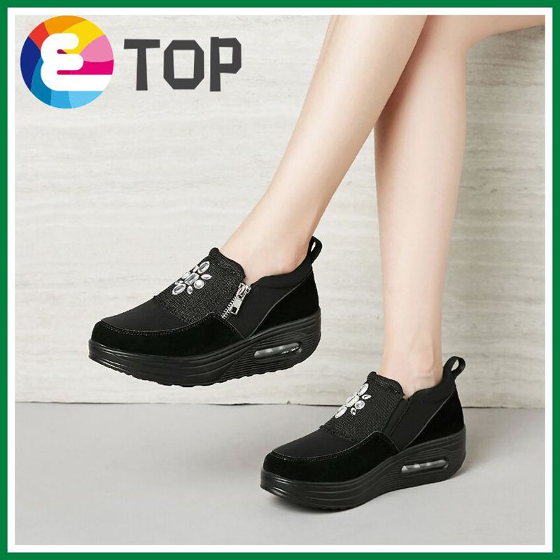 Spring Leather Casual Women Platform Shoes Korean Style Zips Thick Sole Wedge Shoes Black Women Boat Shoes