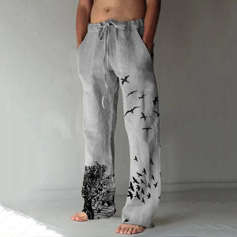Summer New Vintage Men's Cotton Linen Oversized Jogger Trousers Hip Hop Avatar Print Male Plus Size Loose Wide Leg Pants Men