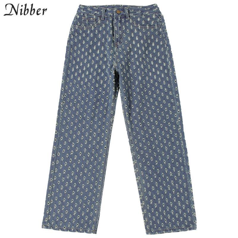 Fashion Plaid Hollow Out Hip Hop Pants Women's Jeans Club High Waist Loose Street Style Demin Color Pants Mujer