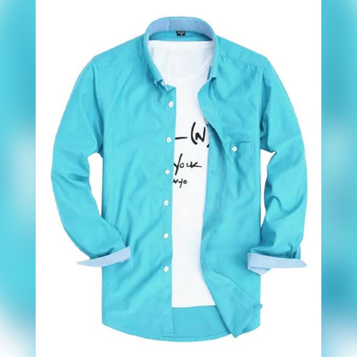 Sky Blue Cotton Casual Long Sleeve Shirt For Men