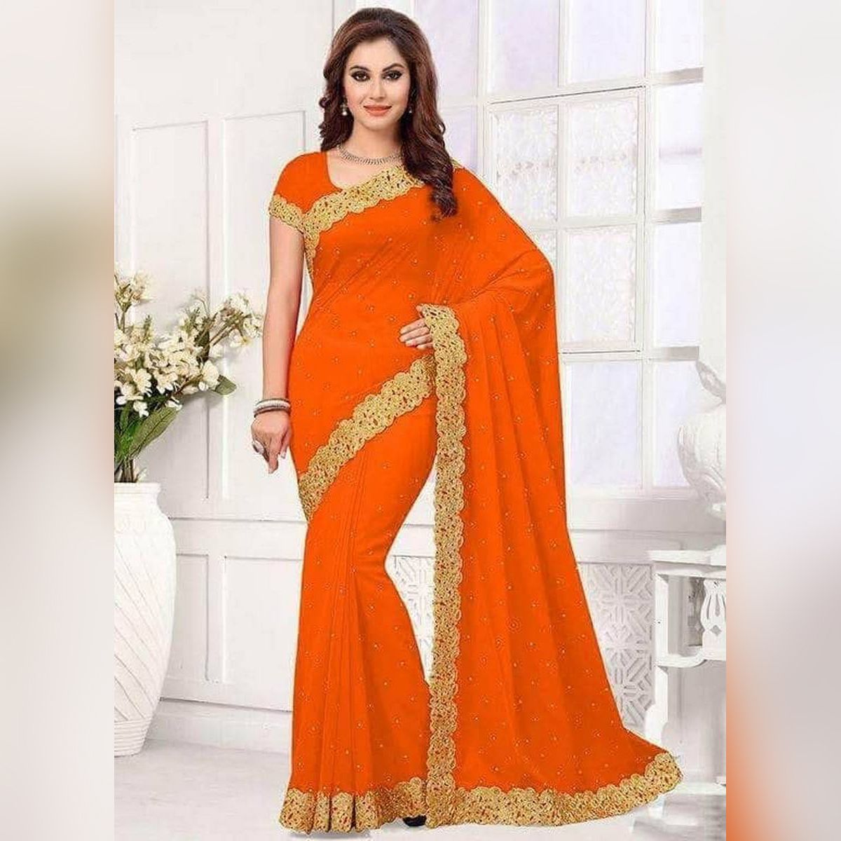 Indian Weightless Georgette Saree Orange  Color High Quality Embroidery Work On Blouse