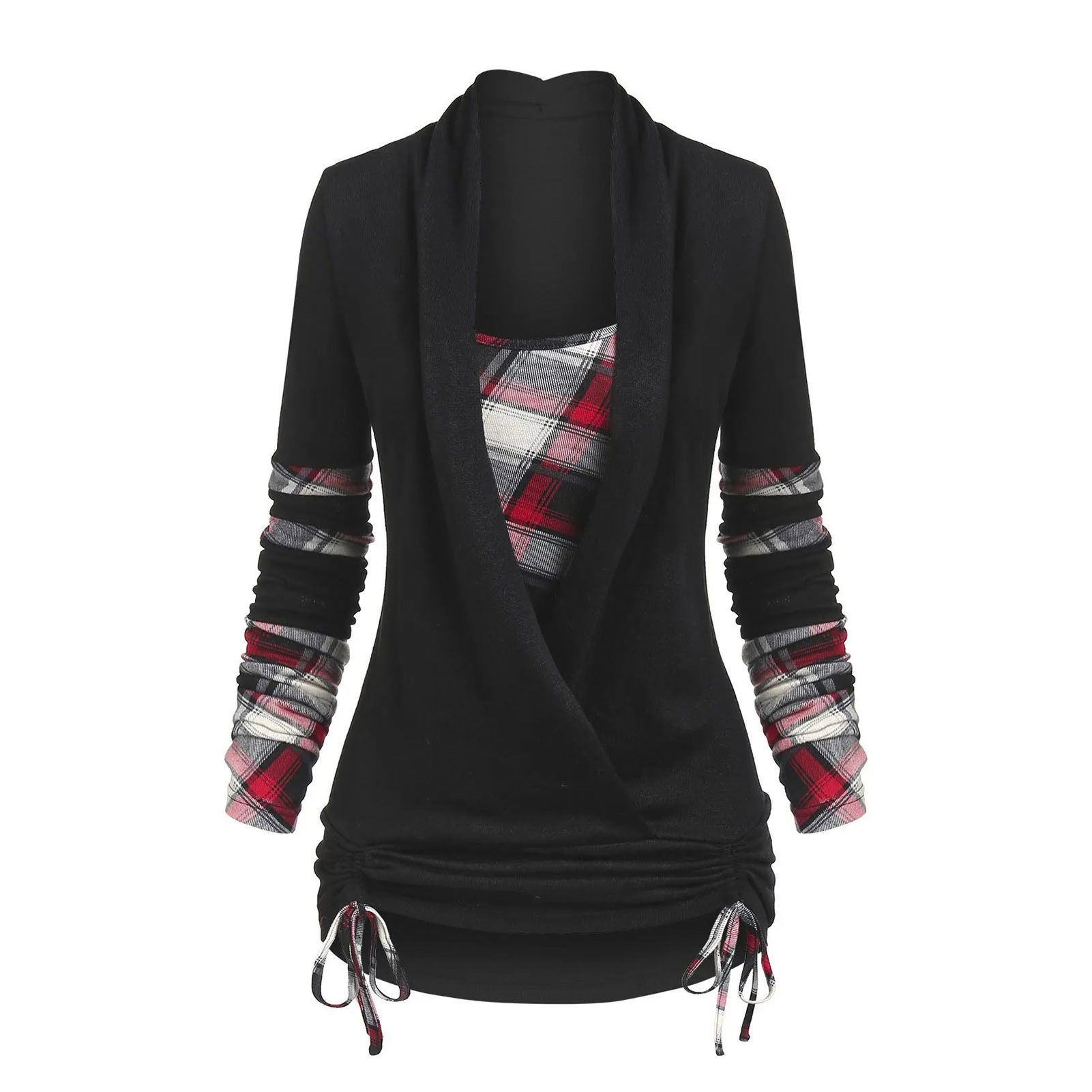 Women Blouse Stretchy Plaid Patchwork Cross Wrap Bottoming Blouse