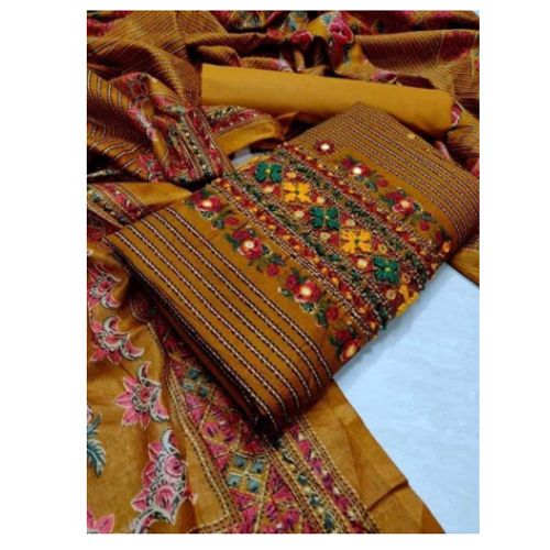 Exclusive New Fashionable Indian Butix Karchupi & Embroidery Gujrati Stylish Gorgeous Mail & Skin Print Unstitched Cotton Three Piece For Women