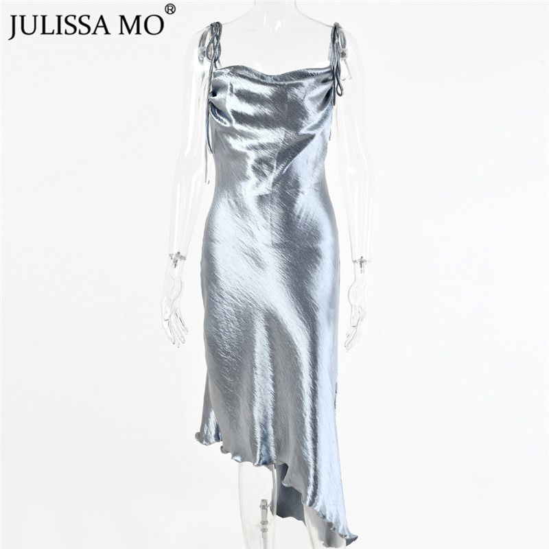 Metallic Satin Straps Long Dress Summer Backless Women Asymmetrical Dress Female Elegant Christmas Party Vestidos