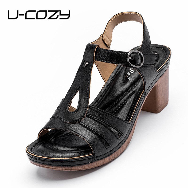 Women Thick Heeled Sandals Ladies Casual Ankle Strap Hook Wedge Heels