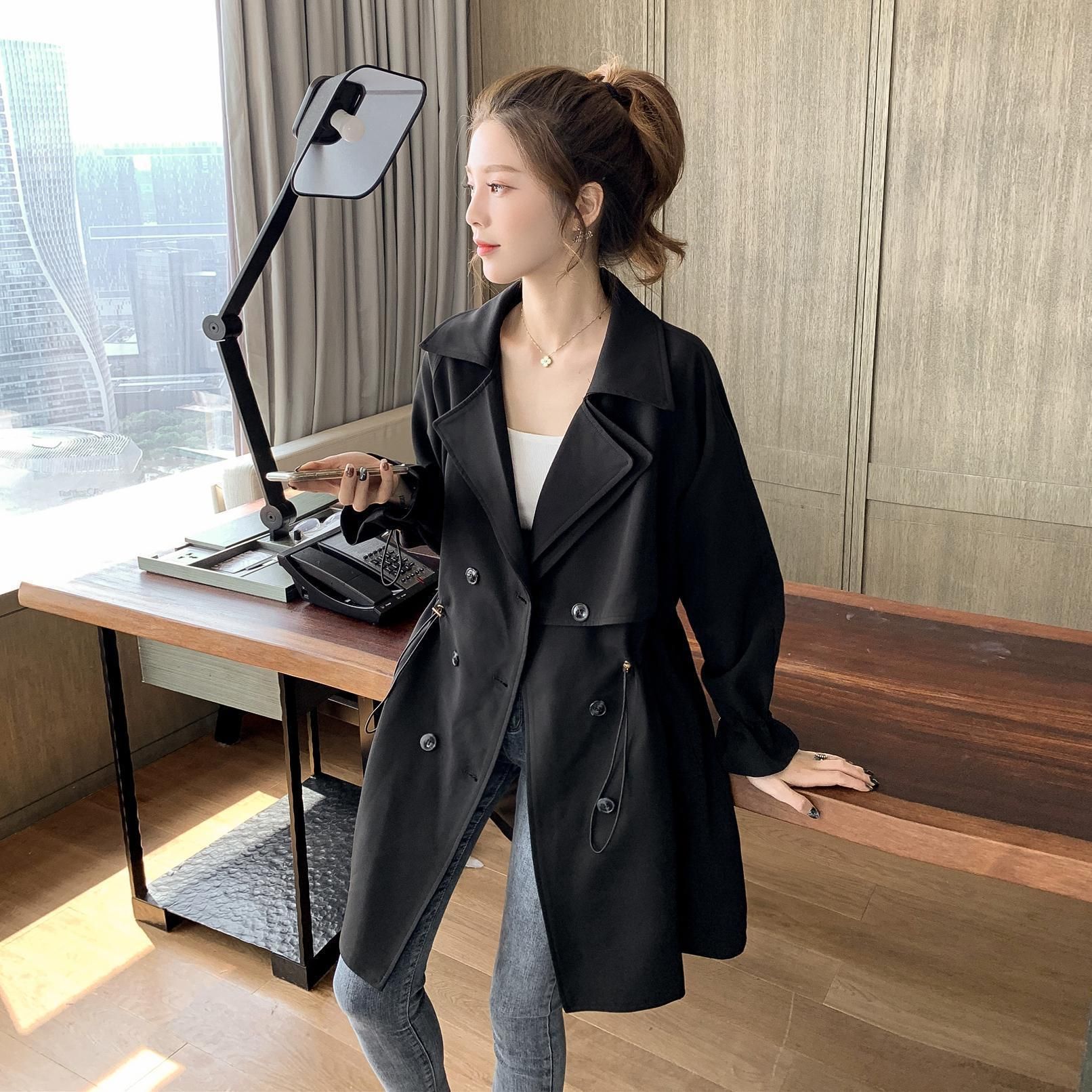New Women Trench Coat Autumn Lapel Double ed Drawstring Light Weight Casual Mid Long Ladies Windbreak Coats Plus Size