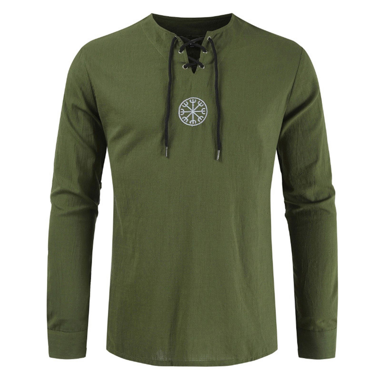 Men T-Shirt Long Sleeve Viking Embroidery Linen V Neck Men T-Shirt for Daily Life