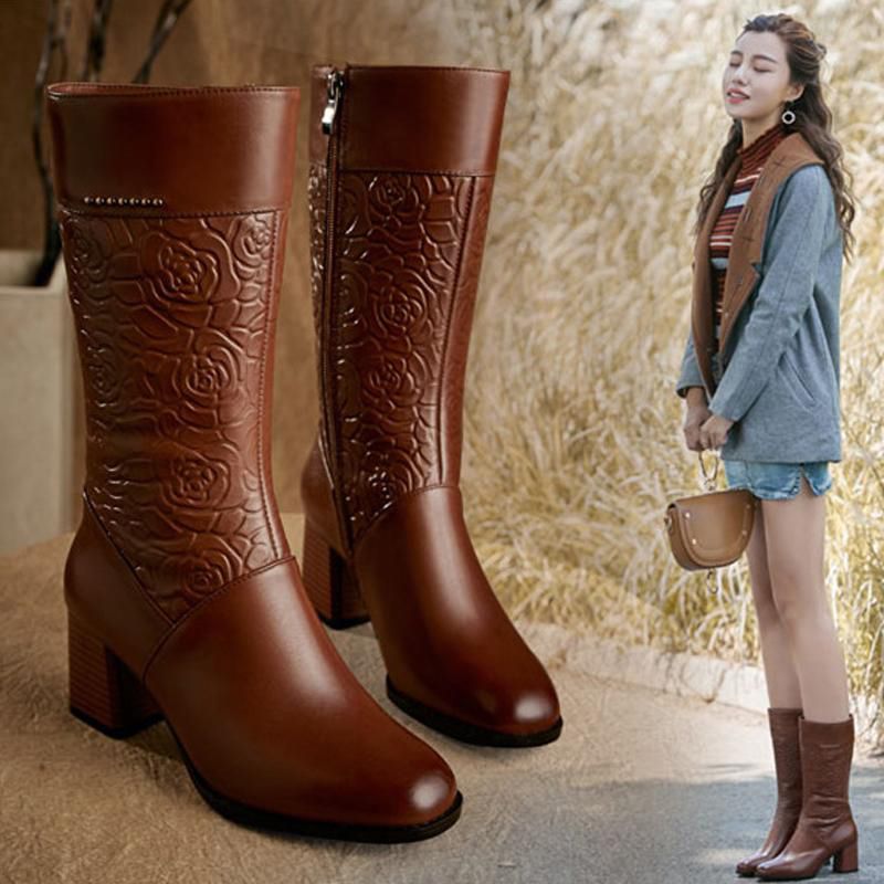 Women Mid-Calf Rose Fashion Elegant Thick Heel High Heel Boots Autumn Winter Boots Shoes