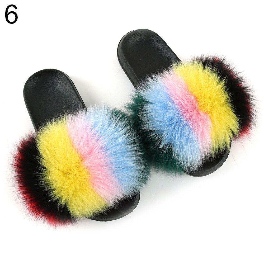 Stylish Summer Women Color Block Faux Fur Flat Slippers Sandals Non Slip Shoes