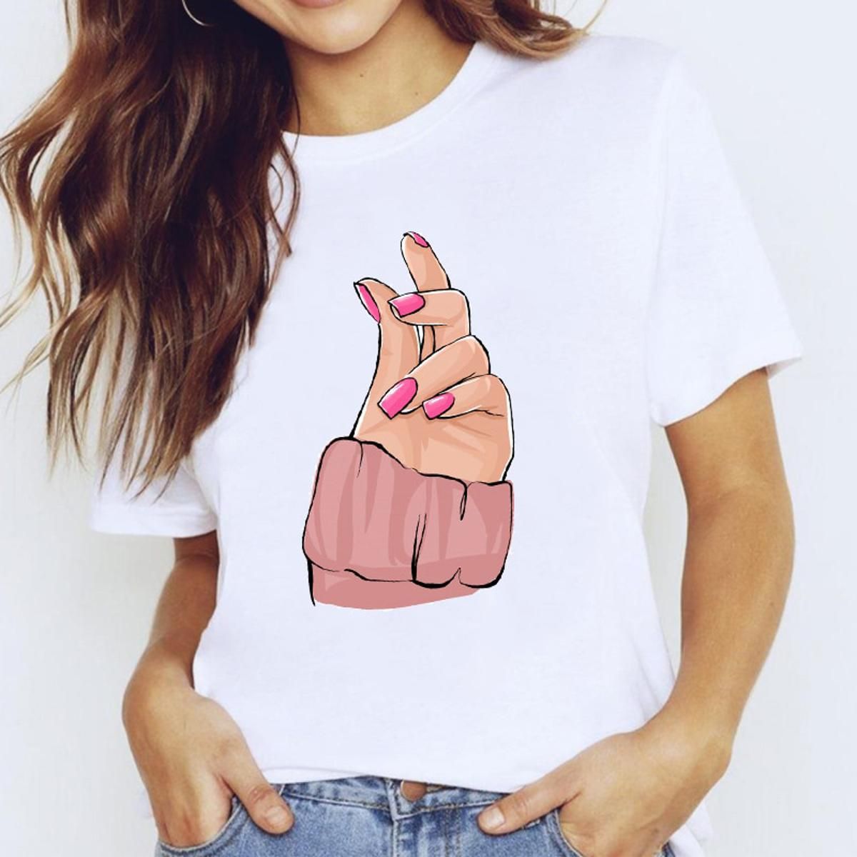 T-shirts Top for Women Love Cartoon  Cute Clothes Fingernail Nail Art Clothing Print Lady Graphic T Shirt Female Tee T-Shirt