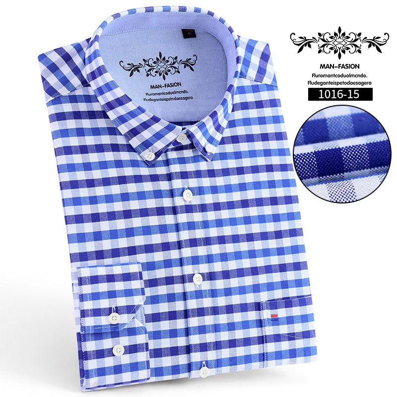 Men's Long Sleeve Blue Oxford Dress Shirt with Left Chest Pocket Cotton Male Casual Solid Button Down Shirts 5XL 6XL Big size