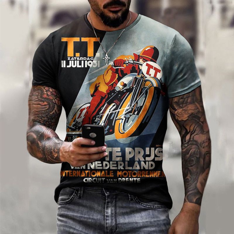 Retro 3D Print T Shirt Men Popular Street Racing Style Summer Oversize Tees Motorcycle Rider Pattern Short Sleeve Male Clothes