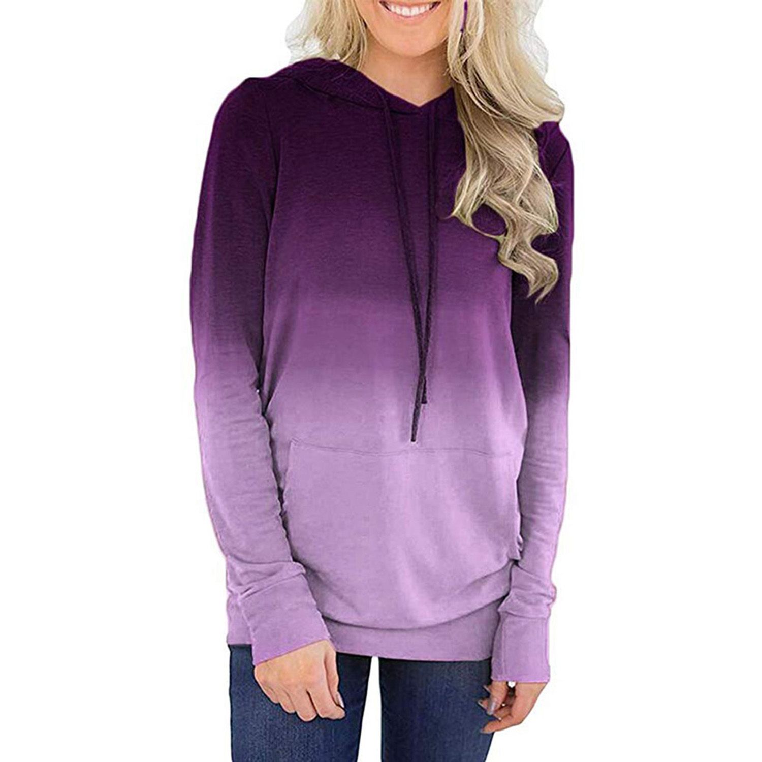 Women Gradient Sweater, Autumn and Winter Long Sleeves Front Pocket Drawstring Hoodie