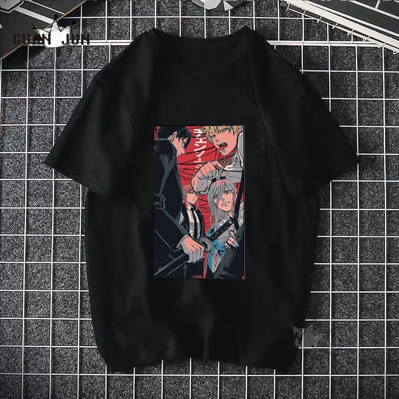 EU Size 100% Cotton Men T Shirt Chainsaw Man Tops Japan Style Anime Manga Summer Black Short Sleeved Tshirt Women