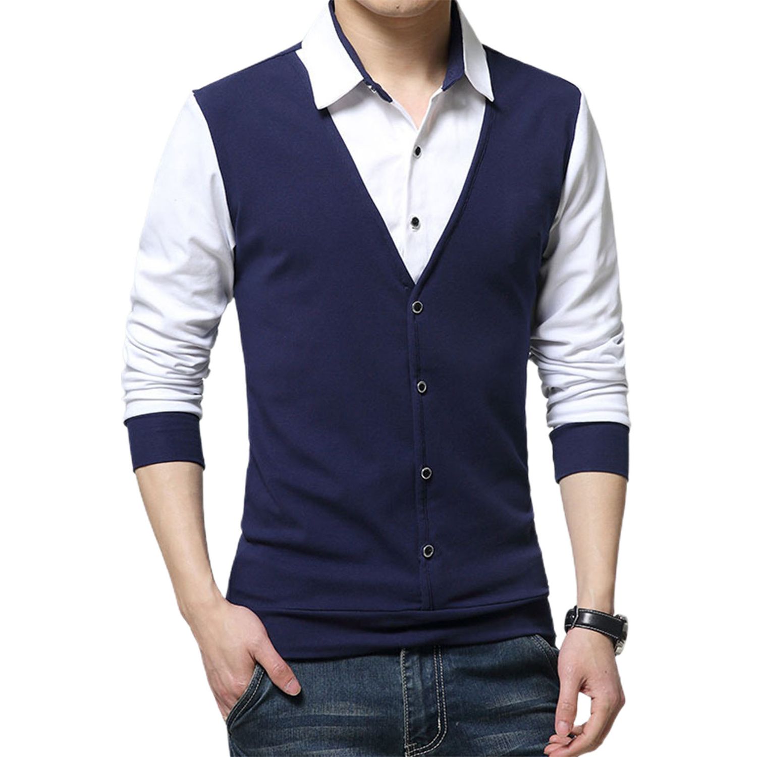 Work T-shirt Good Elasticity Slim Buttons Neck Work Pullover Top