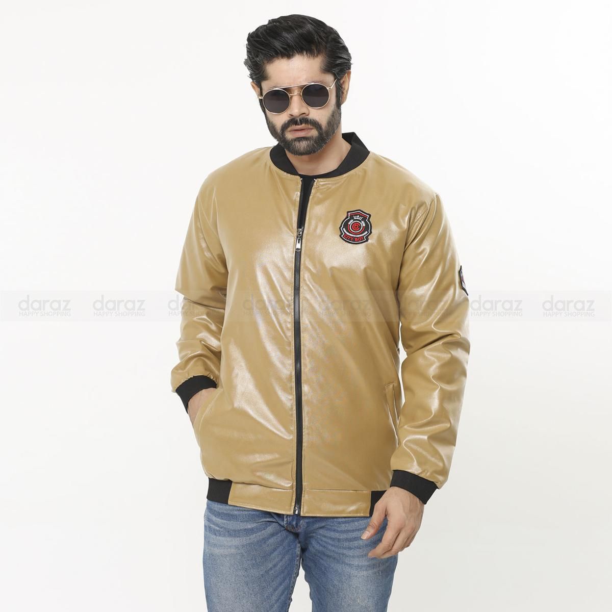 Premium Golden Artificial Leather Jacket For Men