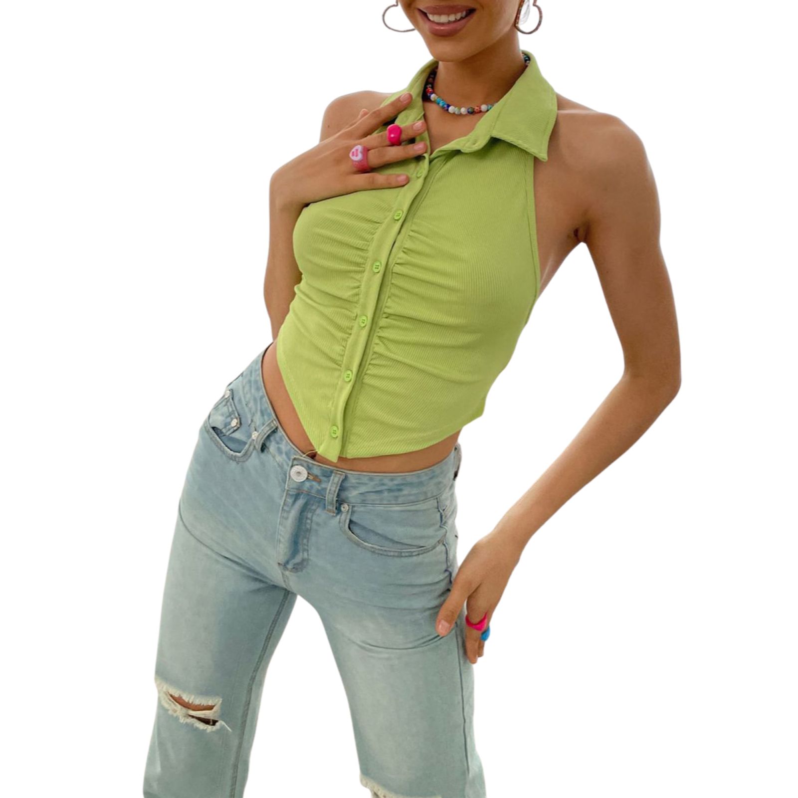 Women's Sleeveless Solid Color Vest, Single-Breasted Halter Bottoming Tops, Hollow Out Back Camisole