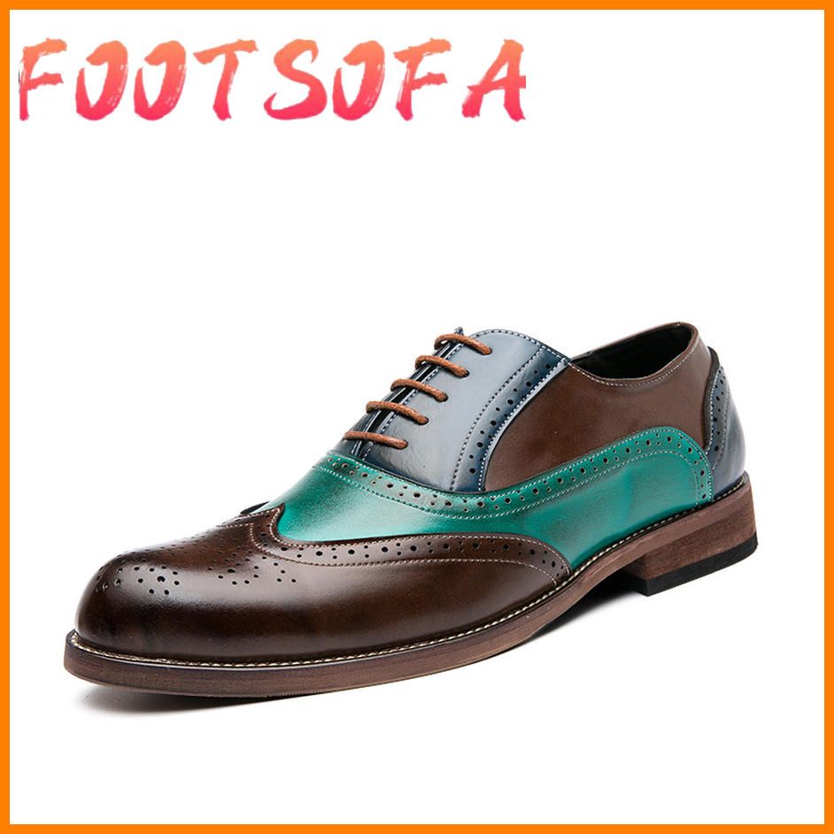 New Men Leather Casual Shoes Pointed Toe Brogue Derby Shoes Leisure Mixed Colors Wedding Dress Shoes 38-47