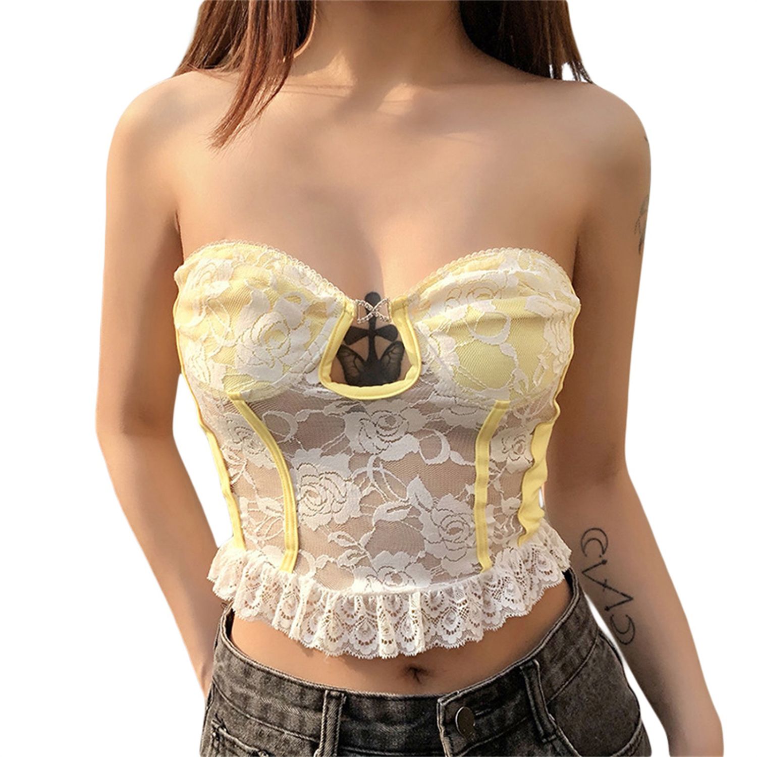 Women Lace Crop Tops, Low Cut Solid Color Lace Hem Waistcoat Bandeau for Summer Spring Party, Women Clothing