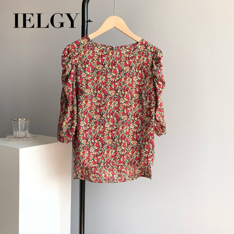 IELGY thin chiffon shirt female retro small yellow flower round neck floral chiffon shirt short sleeve shirt
