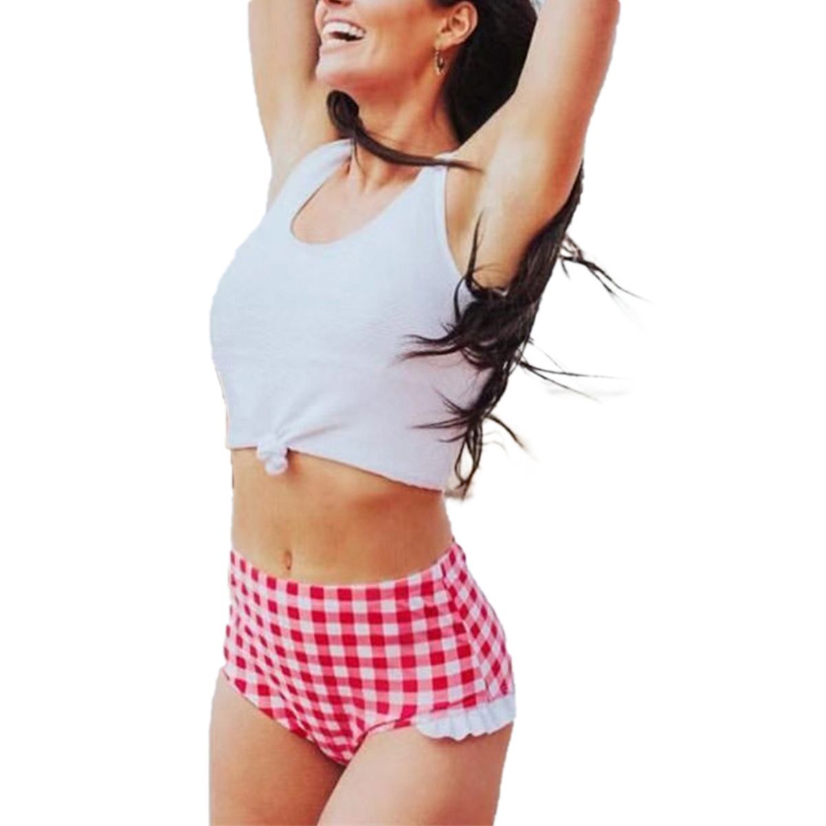 Women Two-piece Bathing Suit Solid Color Crop Top Ruffle Plaid Thong Fashion Bikini Set