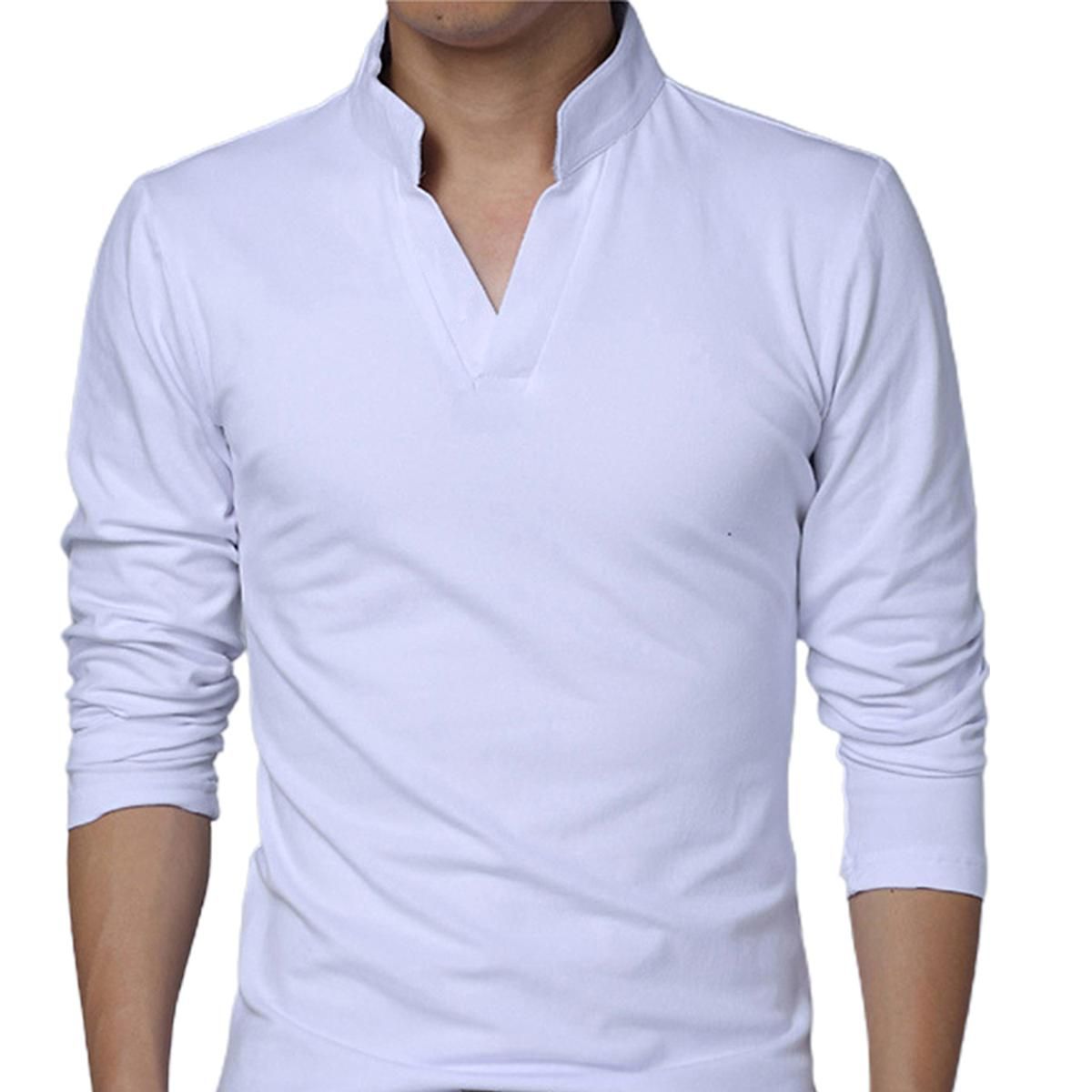 Men T-shirt Solid Color Long Sleeve V Neck Slim Pullover Top for Spring