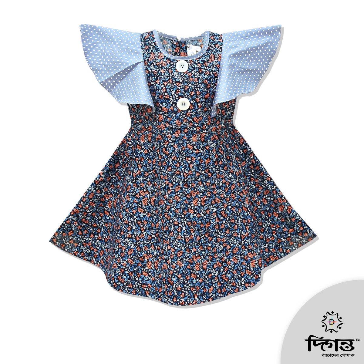 Black and Multi Flower Print Cotton Frock For Baby Girls-(HF-560)