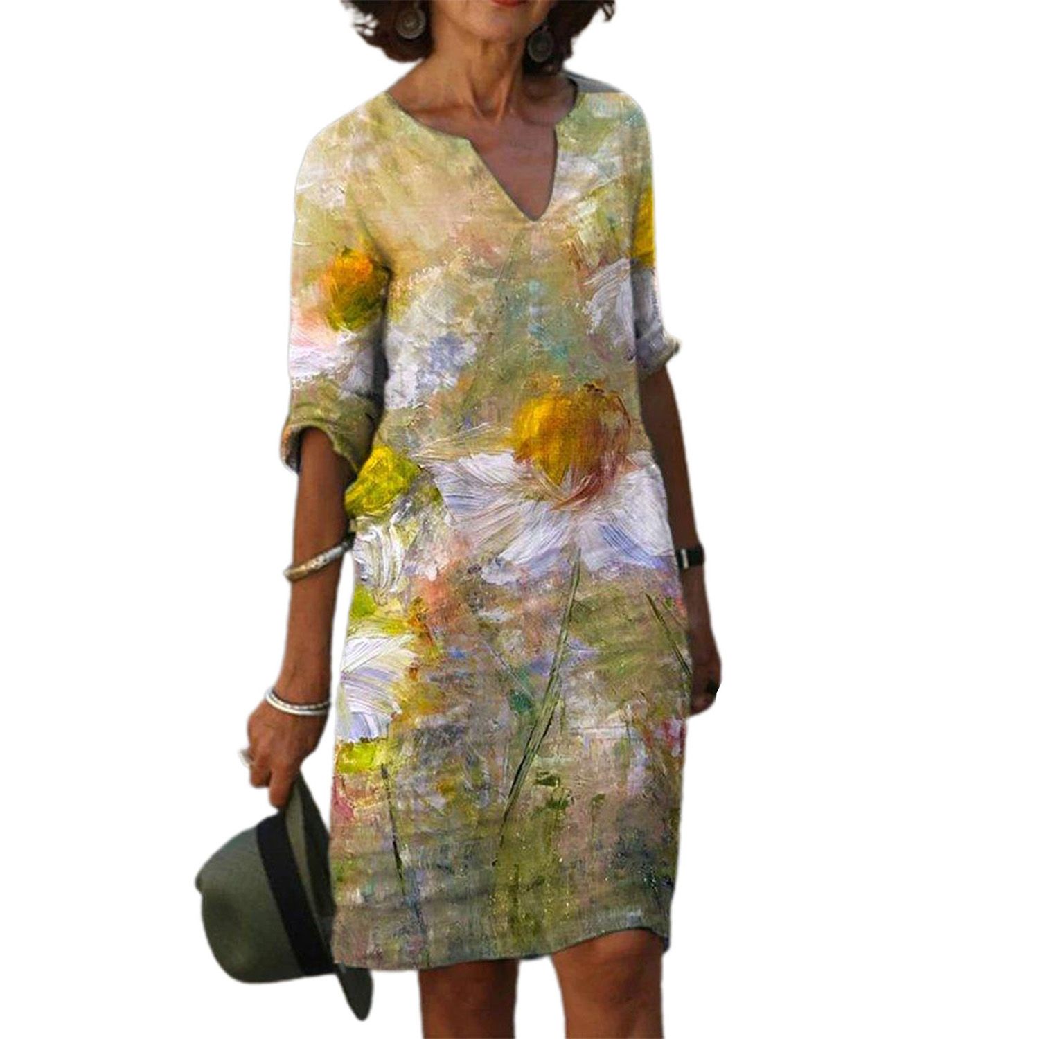 Summer Dress V-neck Loose Printing Vintage Casual Five-point Sleeve Dress for Travel
