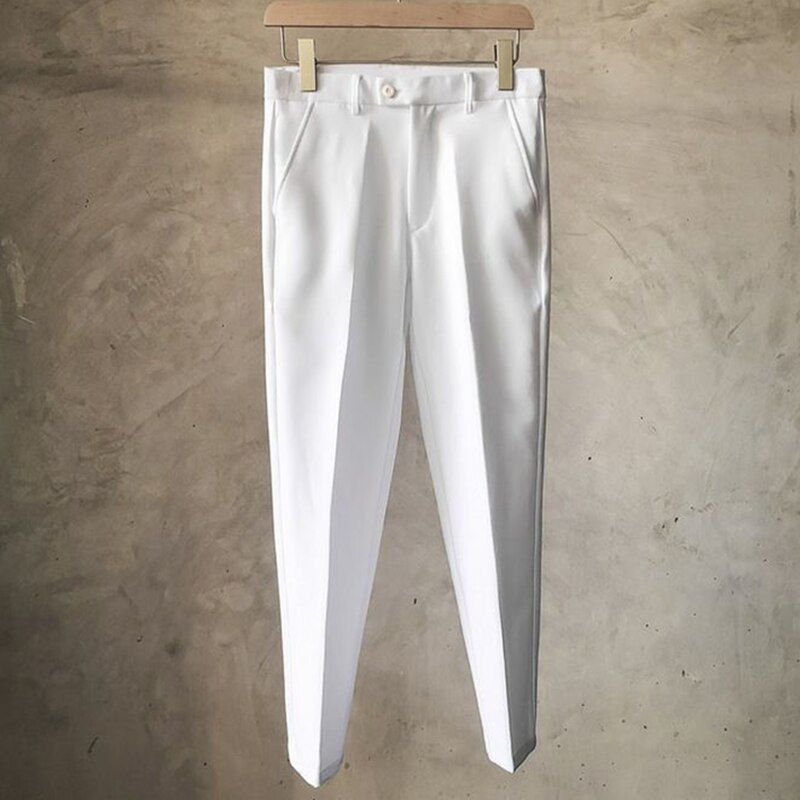New Men Cropped Straight Trousers Loose The Trend Fashion Male British No Ironing Pure Color Casual Suit Pants