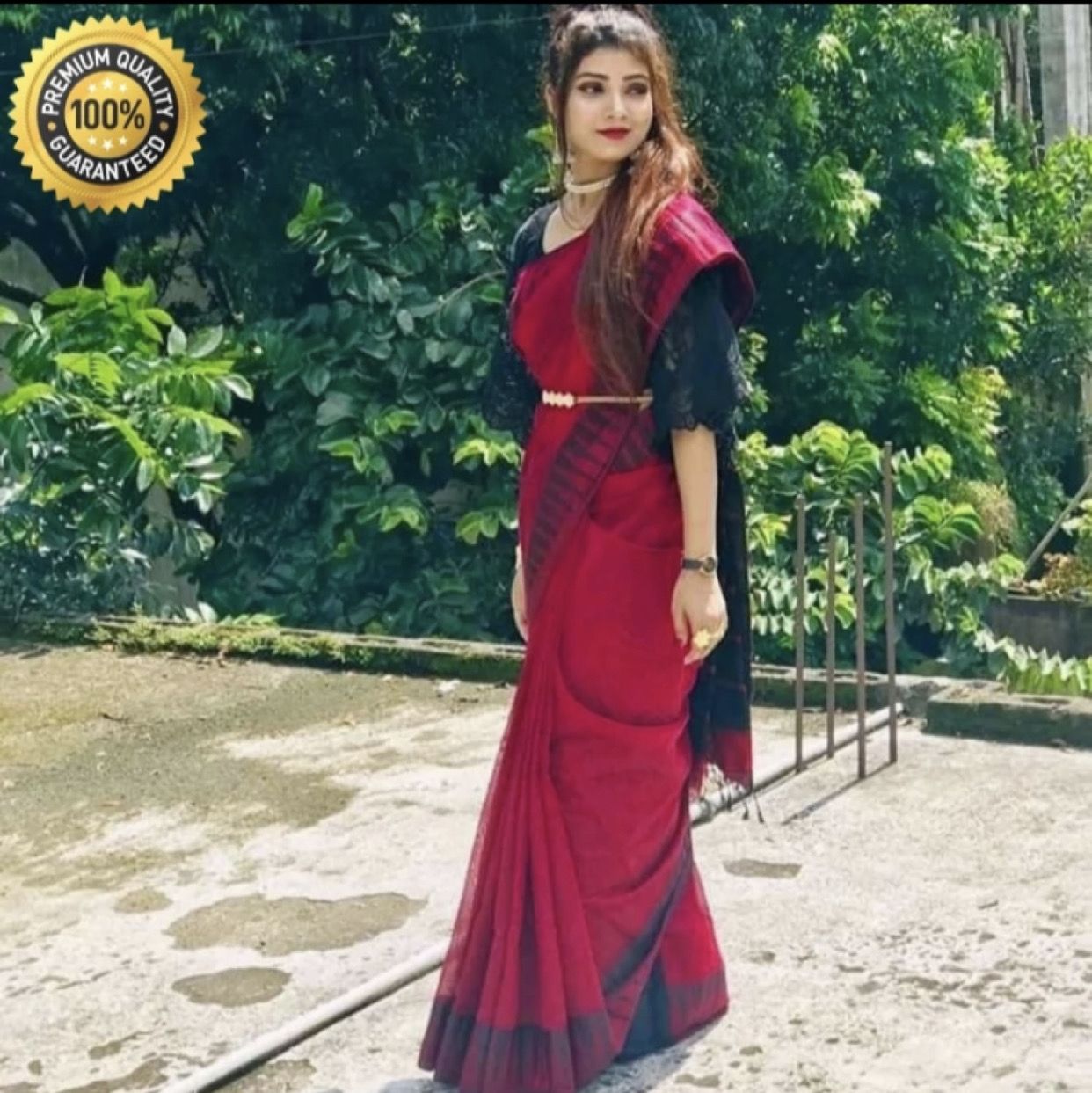 Fashionable red & black Dhupiyan Silk temple pair Tangail Saree For Women