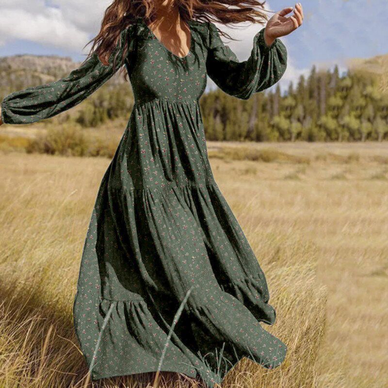 Stylish Ruffle Maxi Dress Casual Puff Sleeve Tunic Vestidos Female Solid Robe Women's Autumn Sundress