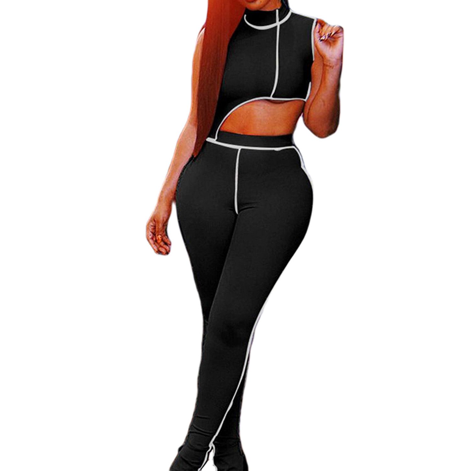 Women's Slim Sports Suit, Long Sleeve Stand Collar Top Flared High Waist Tight Pants for Summer and Spring